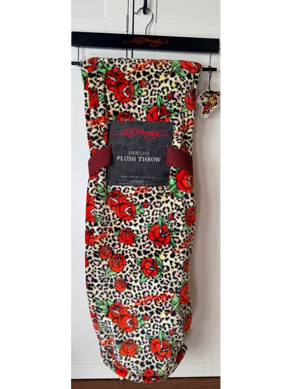 Ed Hardy Oversized Plush Throw Blanket 60x70 Inch Leopard Rose Print
